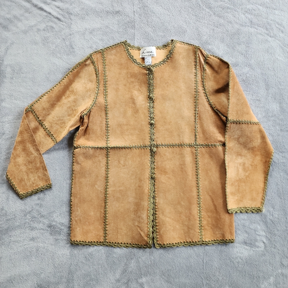 Linea by Louis Dell'Olio Green Tan Long Sleeve Button Up Boho Suede Jacket